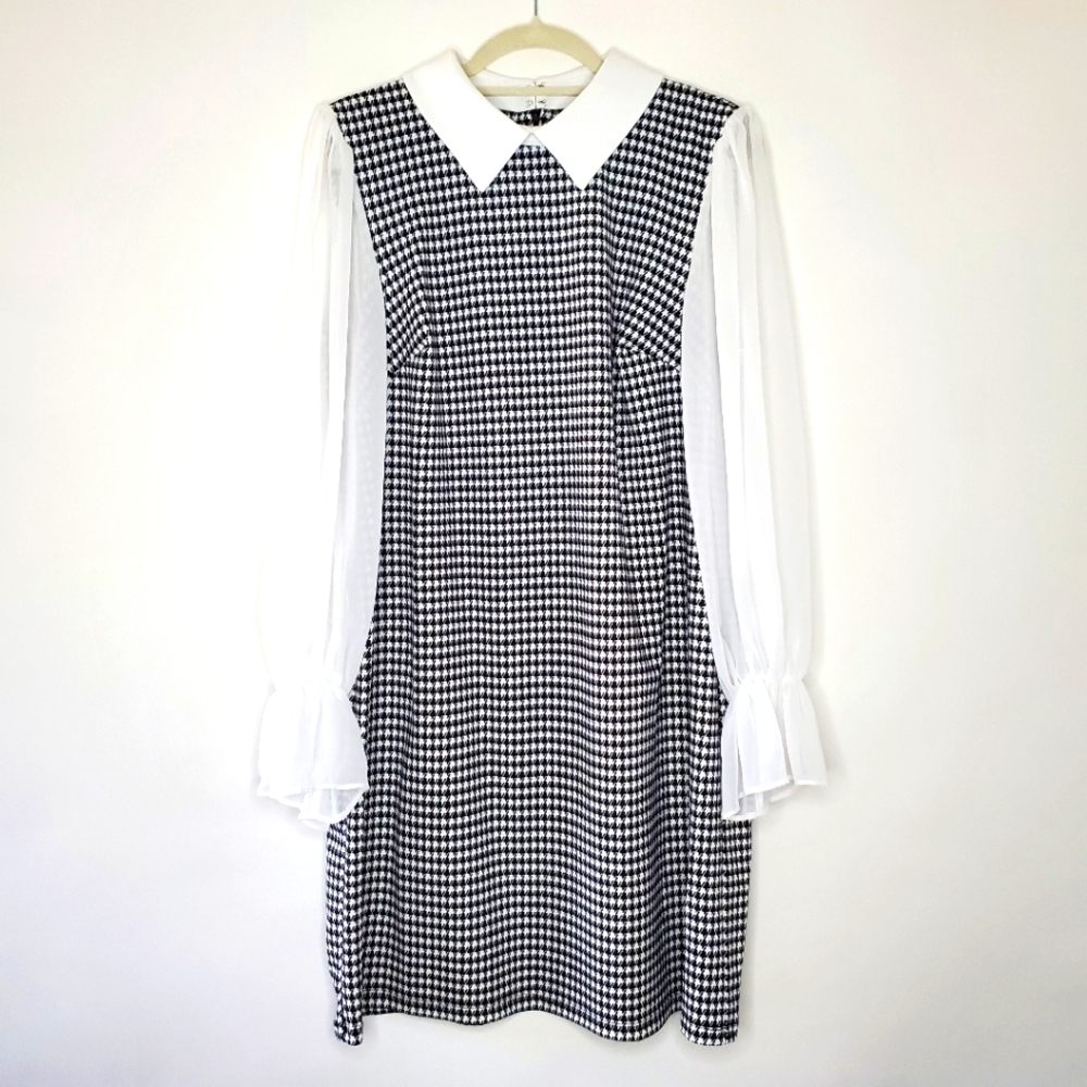 Shelby & Palmer Black and White Houndstooth Dress with Sheer White Sleeves